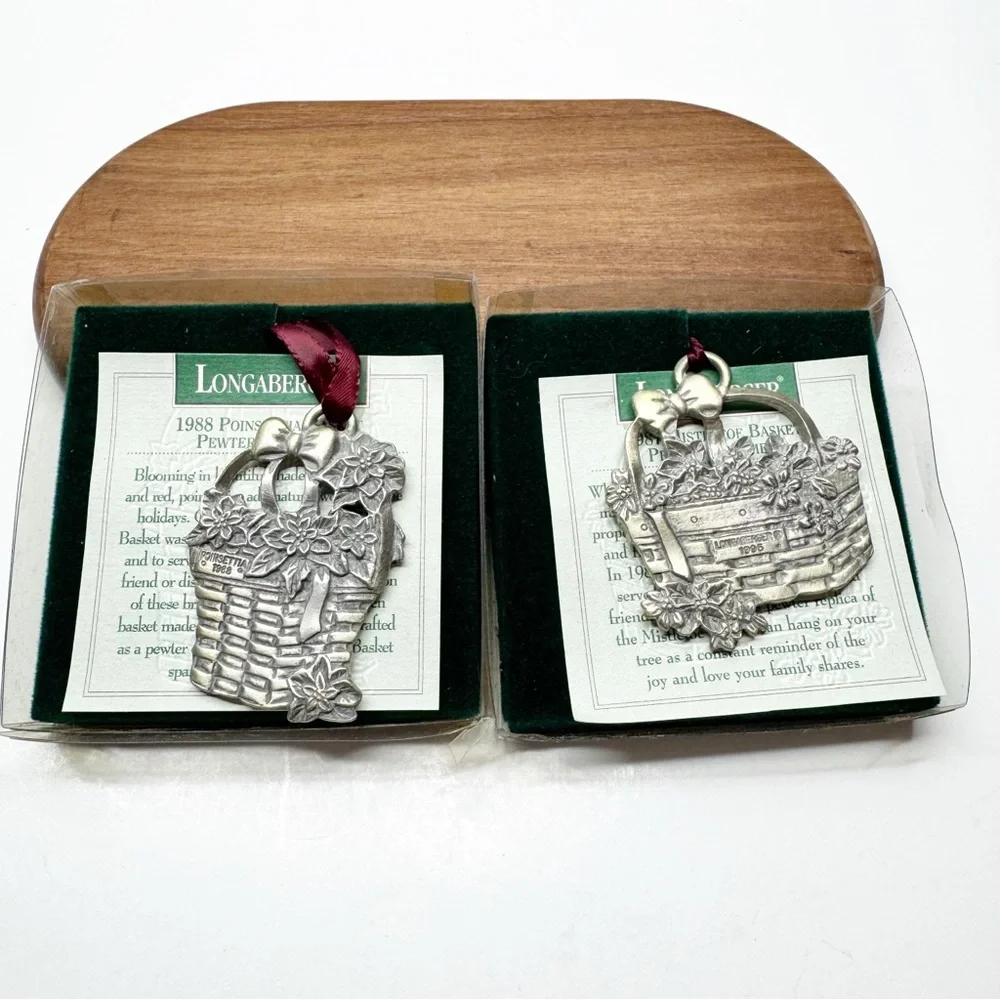 Vintage 90s Longaberger Pewter Mistletoe Poinsettia Ornaments